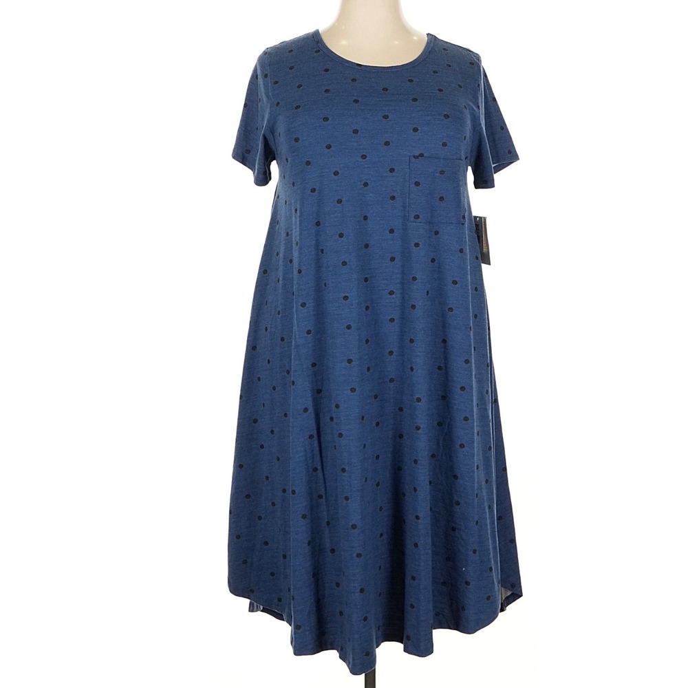 LuLaRoe Womens Dress Size 2XL Carly Blue Black Polka Dots Cotton Blend XXL‎ NWT